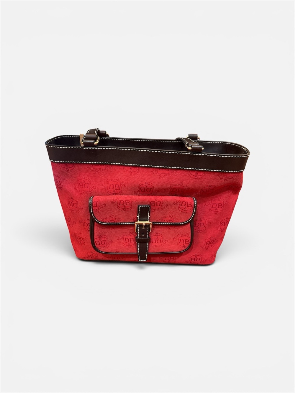 Dooney & Bourke Red Jacquard Pocket Tote with Brown Trim